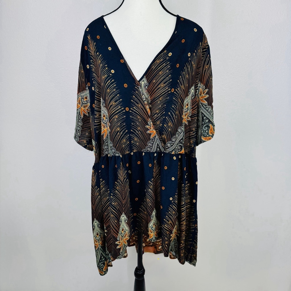 BloomChic Wrap Dress Size 26 Blue Paisley Artsy Art To Wear Boho Bohemian Resort - Picture 2 of 10